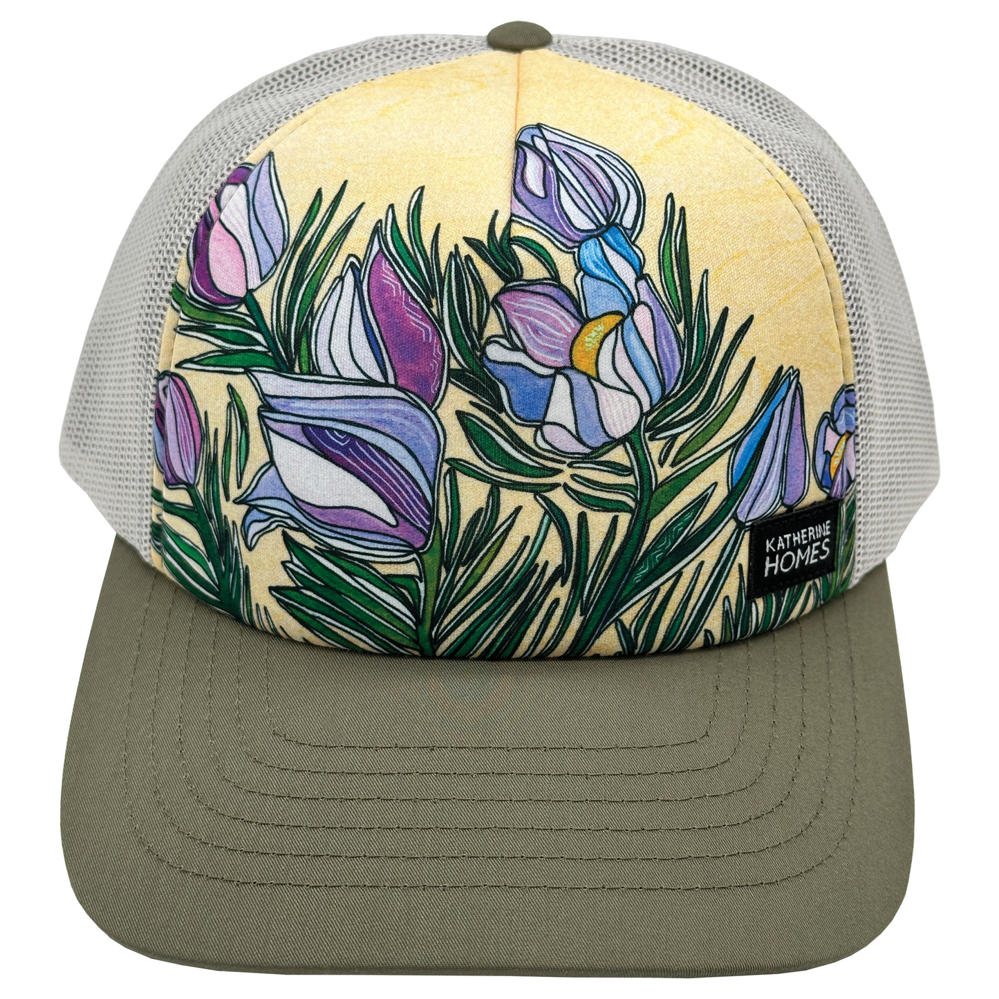 Pasque Flowers Trucker Hat Olive and Stone